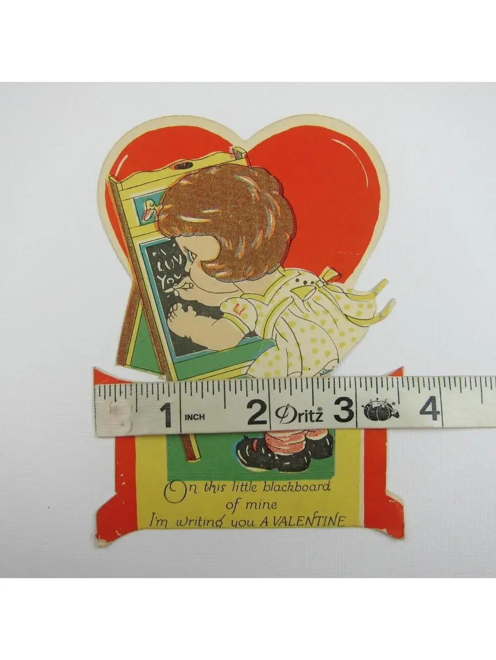 Vintage Valentine Die cut Girl Yellow Dress Writing on Blackboard Chalkboard